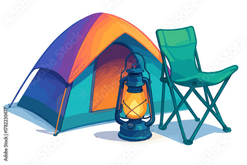 Brightly colored dome tent, vintage kerosene lantern, and portable green camping chair