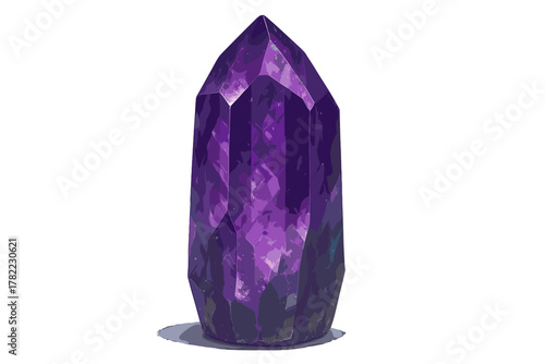Large faceted purple crystal point standing upright on a clean white background