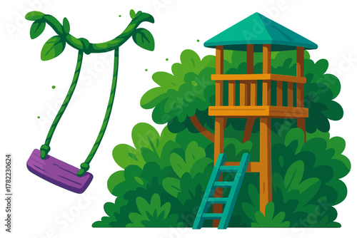 Wooden treehouse structure hidden among lush green foliage next to a jungle vine swing