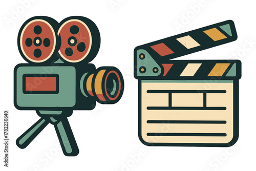 Retro style movie camera and clapperboard symbolizing cinema and film production