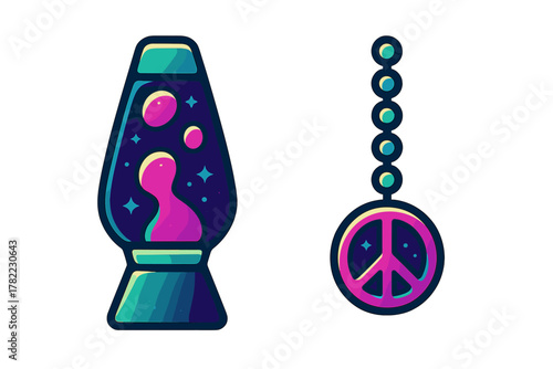 Psychedelic lava lamp and peace sign pendant symbolizing groovy retro style and 1970s nostalgia