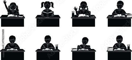 Classroom children silhouette vector set, student desk illustration, school activity design, reading writing education scene, learning participation flat vector