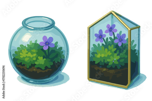 Two miniature indoor gardens displayed in glass containers with purple flowers and lush green plants