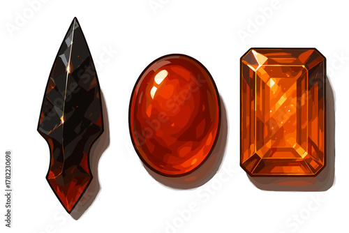 Three fantasy gemstones in faceted, cabochon, and arrowhead cuts