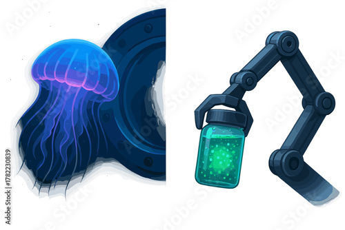 Bioluminescent jellyfish near a submarine porthole and a robotic arm holding a glowing sample jar