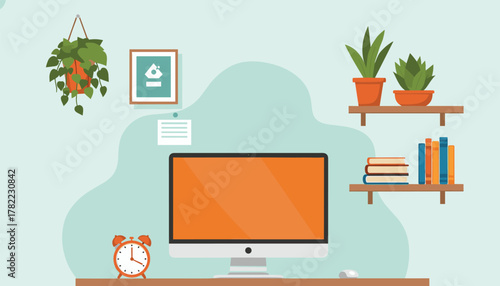 Modern minimalist workspace featuring a computer, plants, and books, creating a calm and productive environment for focus and creativity