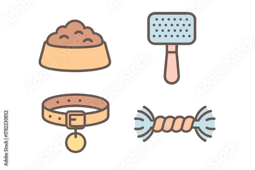 Collection of essential supplies for domestic pets including food bowl and grooming brush