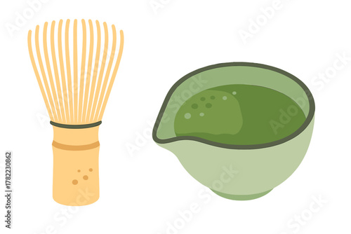 Traditional Japanese matcha tea preparation set with bamboo whisk and bowl