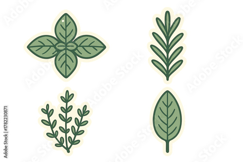 Stylized set of four green culinary herb stickers including basil, rosemary, and thyme