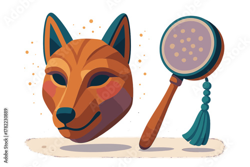 Stylized Japanese Kitsune Fox Mask and Traditional Ceremonial Hand Rattle Object