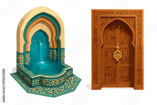 Ornate Moroccan wooden door and tiled fountain showcasing traditional Islamic architecture