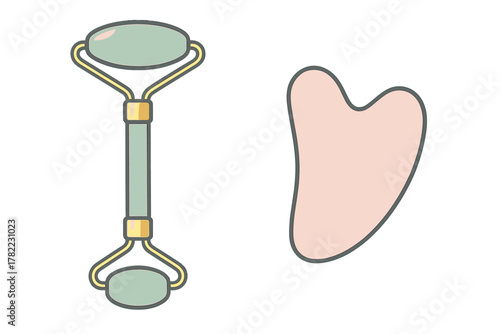 Set of facial massage tools featuring a green jade roller and a pink gua sha stone for skincare