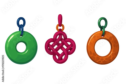 Colorful collection of three traditional Asian good luck charms and pendants
