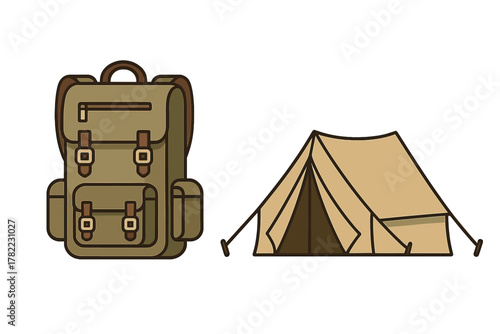 Vintage style hiking rucksack and traditional outdoor shelter for wilderness adventure