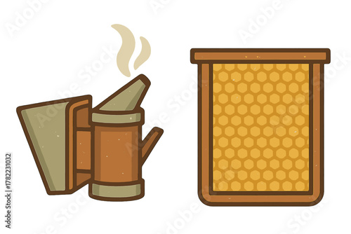 Vintage beekeeping smoker tool and wooden frame with golden honeycomb pattern on white background