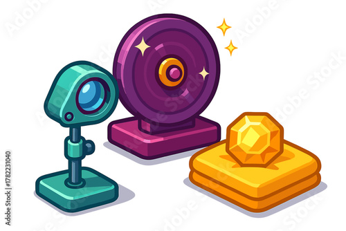 Stylized collection of futuristic technology gadgets and a sparkling golden treasure gem