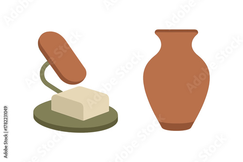 Abstract geometric shapes and traditional terracotta vase isolated on a white background
