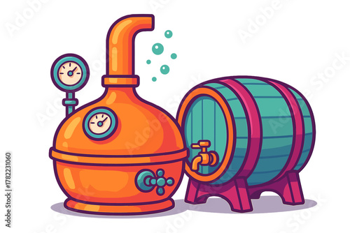 Traditional copper still and wooden barrel used for craft spirits production