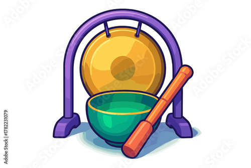 Golden gong and singing bowl with mallet used for sound therapy and meditation