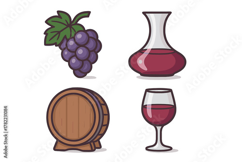 Grapes, wooden barrel, decanter, and glass representing wine production and tasting