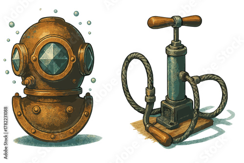 Retro deep sea diving helmet and vintage hand operated air pump isolated on white