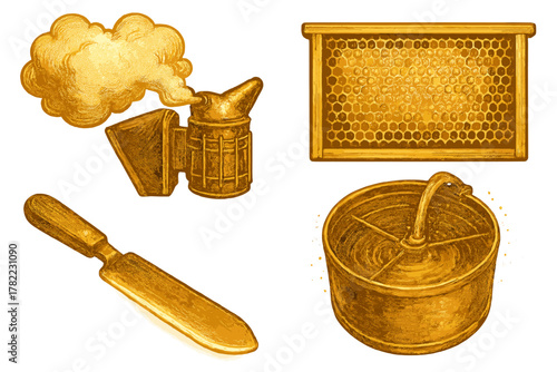 Set of luxurious golden beekeeping tools including smoker, honeycomb frame, and uncapping knife
