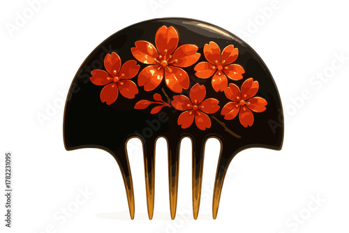Traditional Japanese Kanzashi hair comb with vibrant orange cherry blossom design on black lacquer