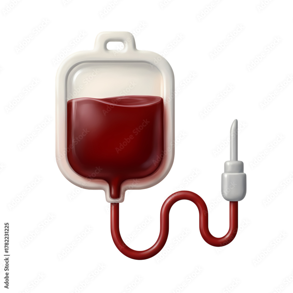 Obraz premium Blood Transfusion Bag with IV Tube 3D Icon, Medical Drip Bag Symbol, Healthcare and Hospital Equipment Graphic, Blood Donation and Patient Care Illustration, Life Support Vector.