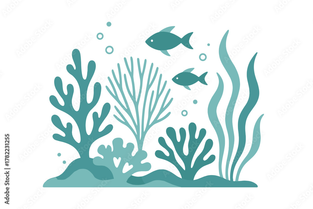 Fototapeta premium Stylized underwater scene with coral reef plants and swimming fish in teal and turquoise colors