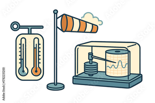 Set of meteorological instruments including thermometer, windsock, and barograph for weather measurement