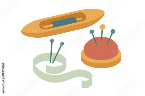 Classic sewing and weaving equipment set featuring a shuttle, pincushion, and coiled measuring tape