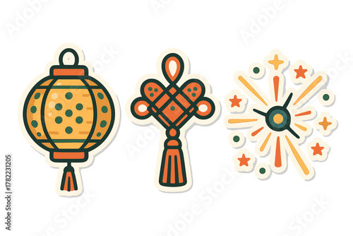 Traditional Chinese New Year symbols including a lantern, lucky knot, and fireworks