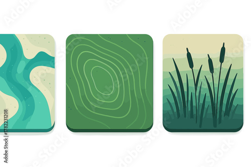 Abstract nature icons: river flow, topographic contour lines, and wetland cattails