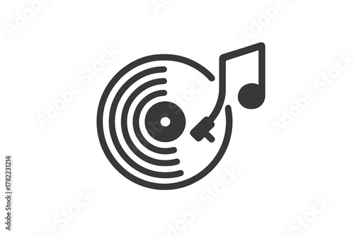 Monochromatic icon of a vinyl record player and musical note representing analog sound