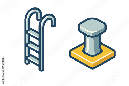 Isometric swimming pool ladder and mooring bollard representing nautical and aquatic themes