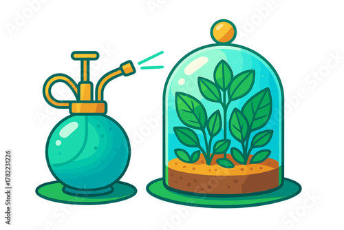 Retro style sprayer bottle watering a healthy green plant protected inside a glass cloche terrarium