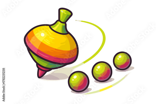 Dynamic colorful spinning top toy with three rolling marbles on white background