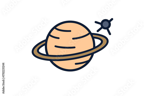 Stylized planet Saturn with prominent rings and orbiting satellite in deep space