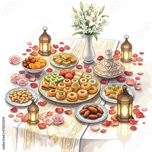 Vector Illustration of Festive Food Table with Cookies Flowers Lanterns and Vase in Elegant Style for Celebration Designs