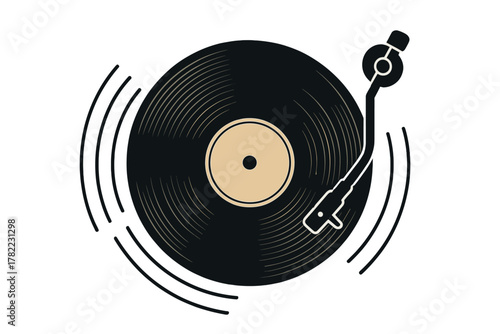 Stylized graphic of a spinning vinyl record and turntable arm playing music