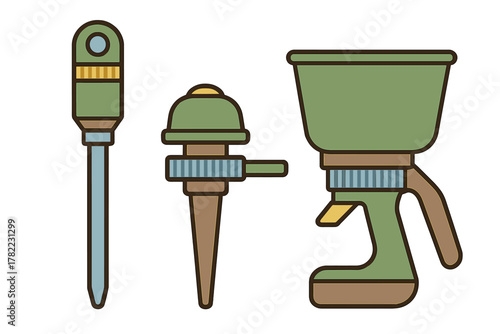 Stylized collection of essential garden tools for planting, seeding, and soil testing