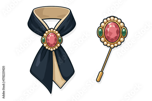 Elegant vintage cravat with large pink gemstone and pearl brooch alongside a matching stick pin