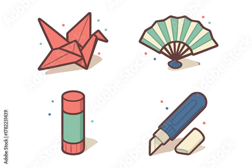 Set of crafting and stationery items including origami crane, folding fan, glue stick, and utility knife