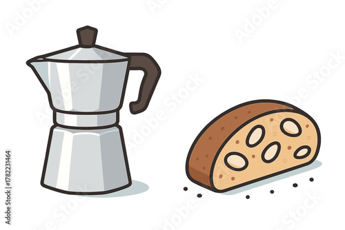 Classic Italian Moka pot coffee maker and a slice of almond bread for breakfast or snack
