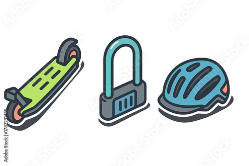 Electric scooter, protective helmet, and security lock icons for personal mobility safety