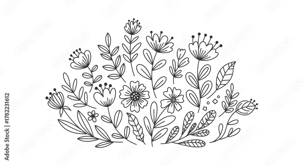 Fototapeta premium Whimsical Hand Drawn Horizontal Arrangement of Wildflowers and Leaves, Rustic Black Line Art on Isolated White Background