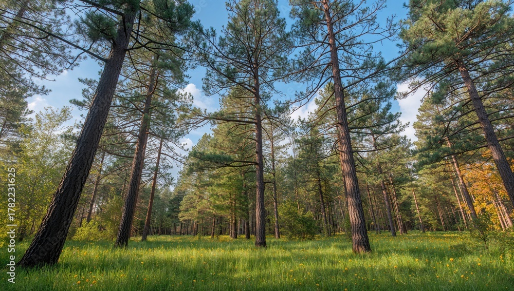 Fototapeta premium Harmonious pine trees in a calm forest during spring, enhancing a refreshing atmosphere