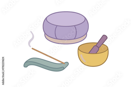 Purple meditation cushion, golden singing bowl, and smoking incense for spiritual relaxation