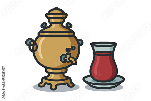 Golden samovar and a traditional Turkish tea glass filled with red liquid on a saucer