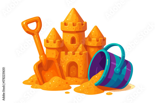 Sandcastle with plastic shovel and colorful bucket spilling sand on white background